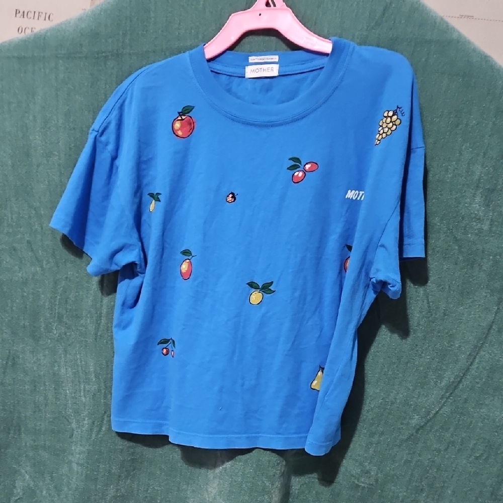 MOTHER Vibrant Blue Tee with Fruit Motifs